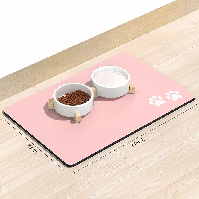 Rnivvi Dog Food Mat, 16" x 24" Footprint Absorbent Dog Cat Bowl Mat for Food and Water, Cute Anti-Slip Rubber Pet Feeding Rug Protect Floors, Puppy Placemat for Feeding & Watering Supplies, Pink