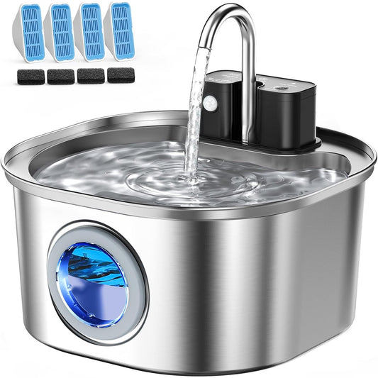 Voluas Cat Water Fountain Stainless Steel: 108oz/3.2L Wireless Cat Fountain Battery Operated for Drinking Indoor, Automatic Pet Water Dispenser Bowl with Ultra Quiet Pump, Easy Clean BPA-Free