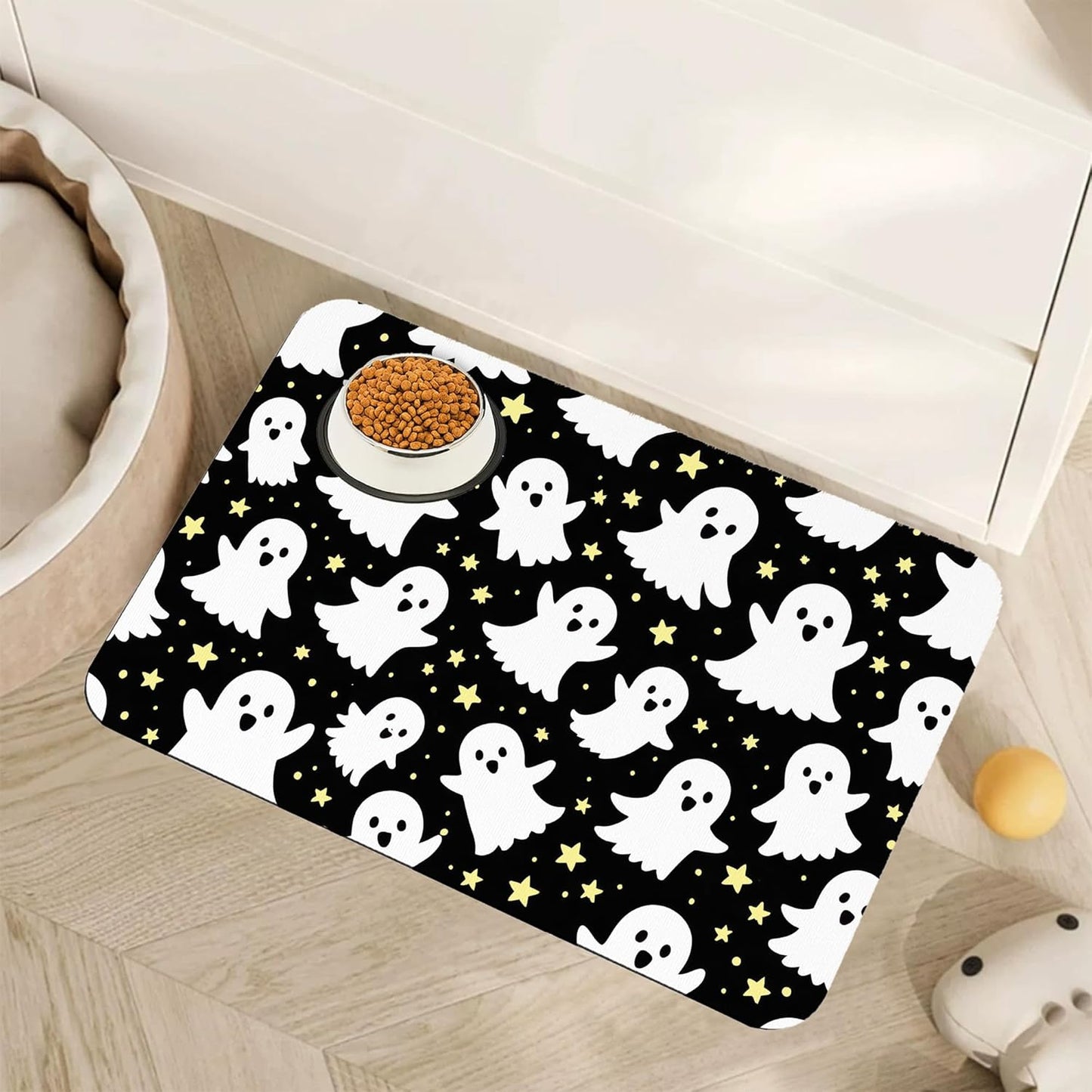 Halloween Pet Feeding Mat,Ghosts Absorbent Quick-Dry Cat Dog Food and Water Bowl Mats,Non-Slip Rubber Backing Mat,Cat Dog Accessories Supplies 16"x24"
