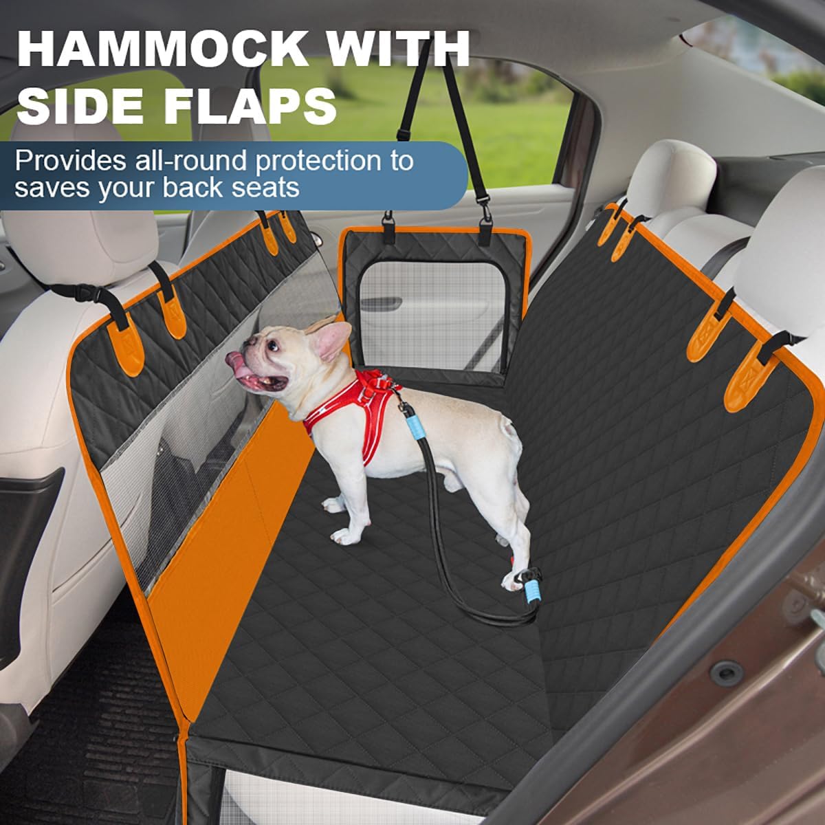 Dog Car Seat Cover, 4-Layer Waterproof Back Seat Protector with Mesh Windows,3 Accessories Pockets Nonslip Pet Hammock Style for Cars Trucks SUVs, Include 1 Dog Safety Belt (Black-Orange)