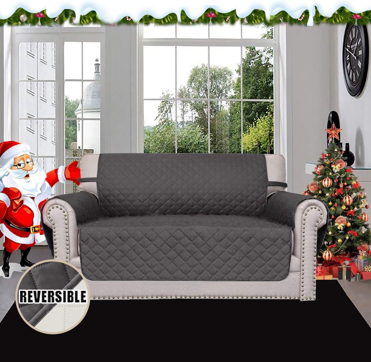 Easy-Going Reversible Loveseat Couch Cover for 2 Cushion Couch Sofa Cover for Dogs Water Resistant Furniture Protector with Foam Sticks Elastic Straps for Pet (Loveseat, Gray/Ivory)