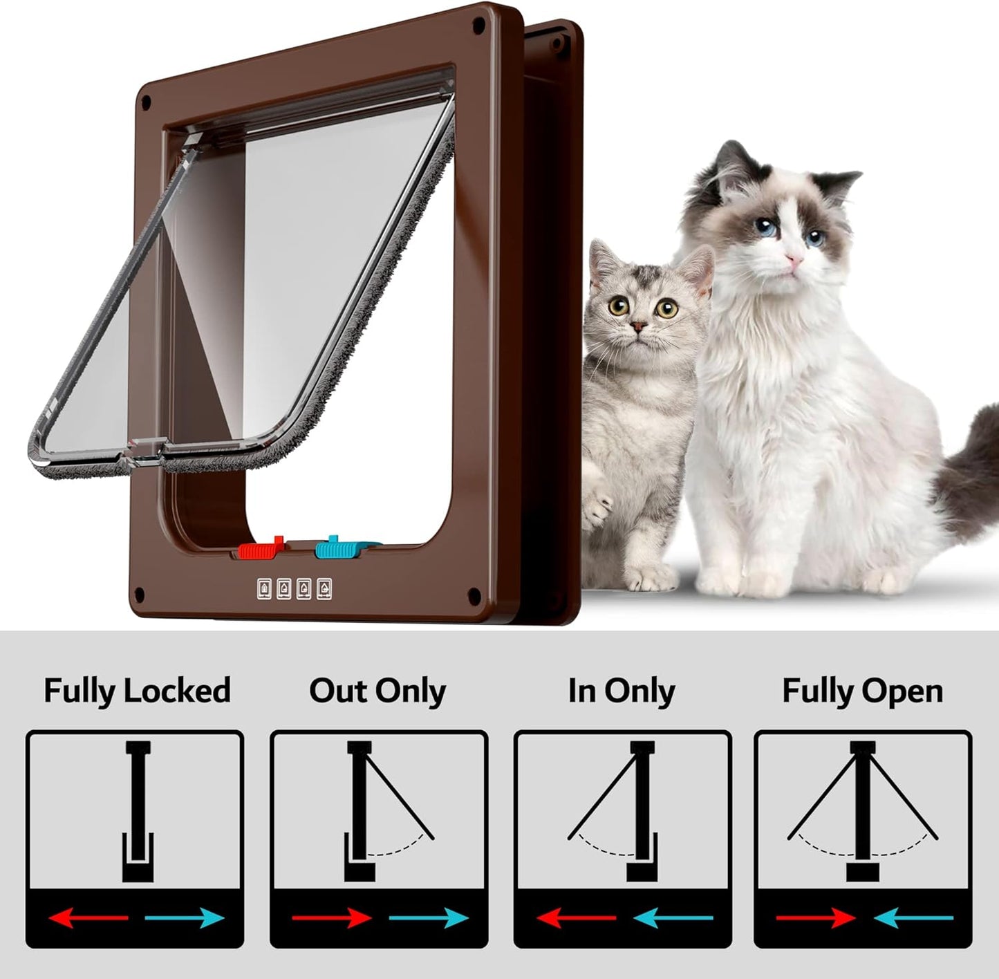 Medium Cat Door Interior Door Pet Door for Cat Exterior Door 4 Modes Locking Suitable for Window and Wall (Brown)