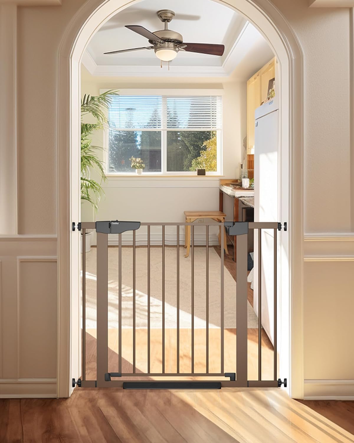 Cumbor 29.7-40.6" Baby Gate for Stairs, Mom's Choice Awards Winner-Dog Gate for Doorways, Pressure Mounted Auto-Close Pet Gates for Dogs Indoor, Safety Child Gate with Easy Walk Thru Door, Brown