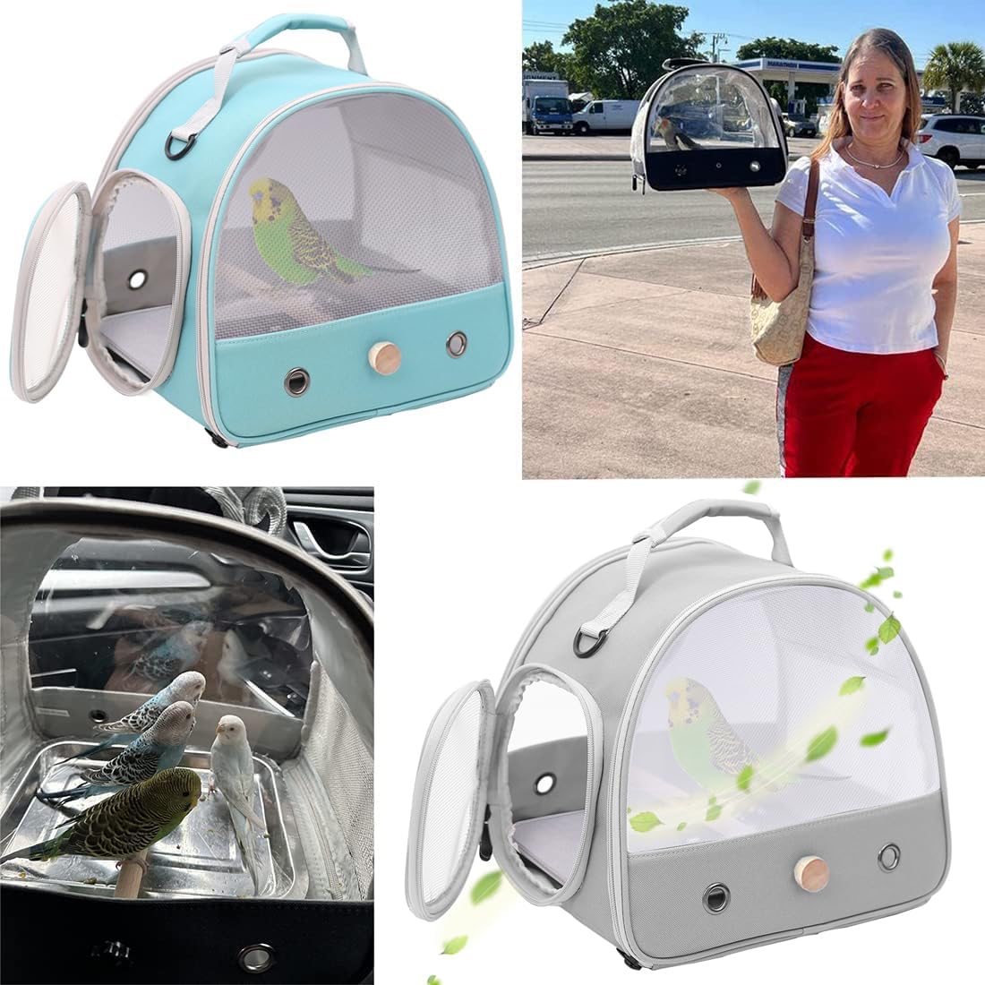 Bird Carrier, Portable Small Bird Parrot Parakeet Carrier with Standing Perch and Soft Support Mat, Side Access Window Collapsible (Grey, Mesh Windows)