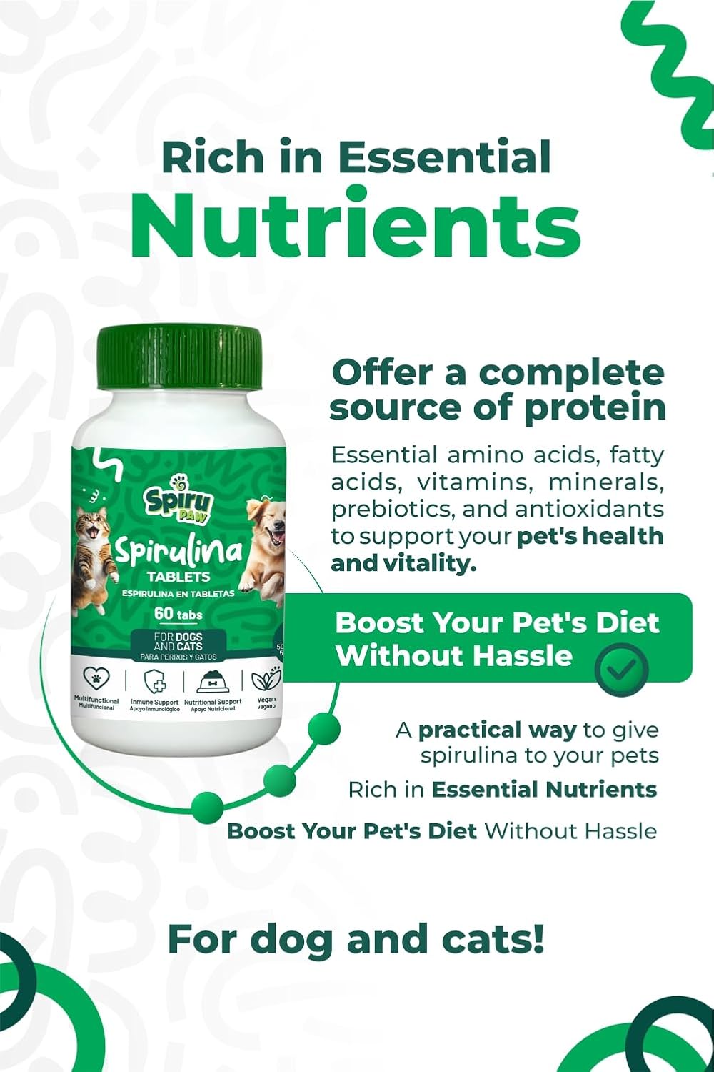 Spirulina-Based Tablets for Pets Produced in The Atacama Dessert - Natural Supplement Nutrient-Rich, Essential Amino Acids & Prebiotics - 60 Count