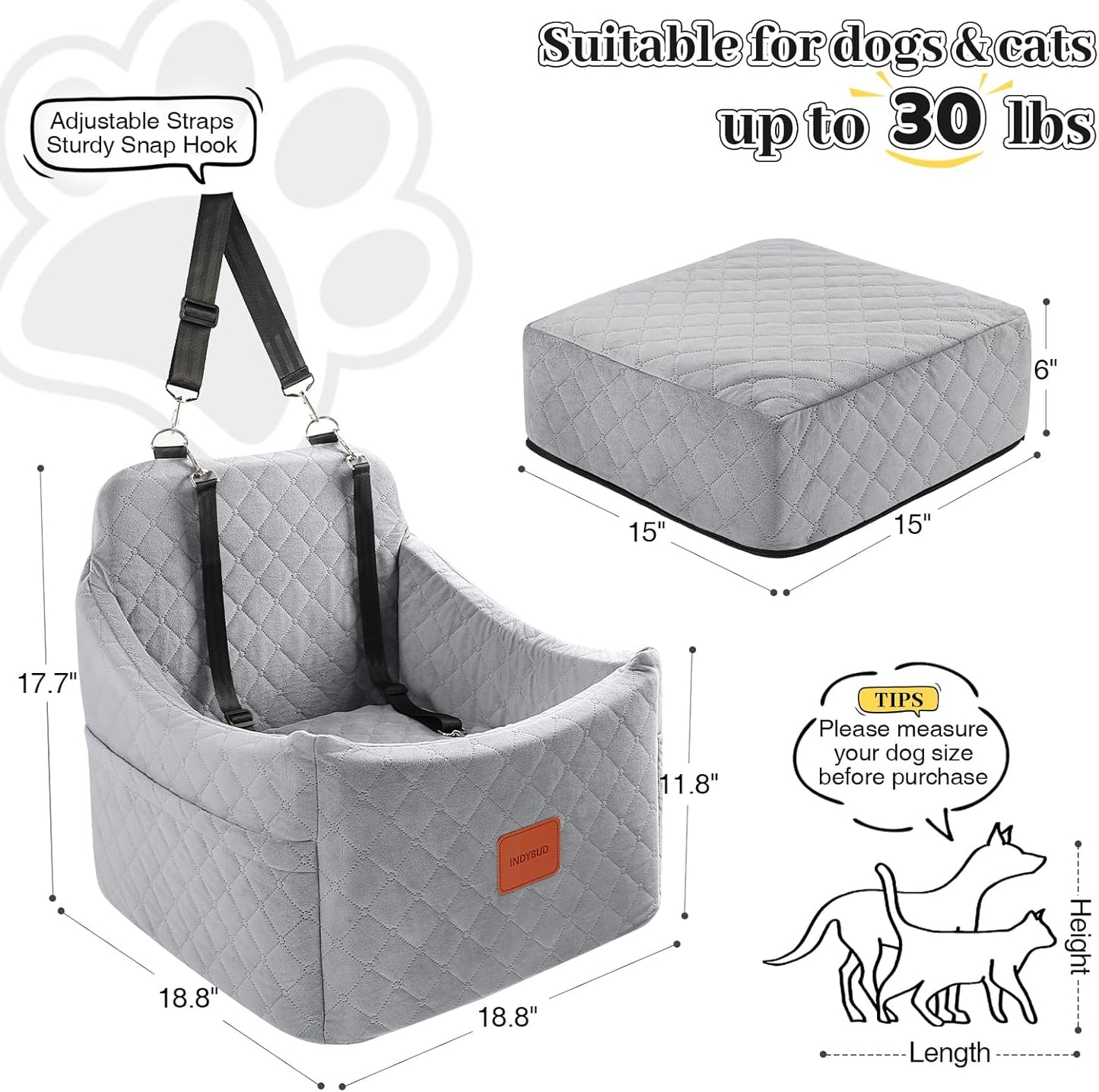 Dog Car Seat for Small/Medium Dogs up to 35 lbs, Memory Foam Pet Booster Seat with Detachable Washable Cover, Portable Pet Bed for Cars with Safety Belts and Storage Pockets(Grey, Medium)