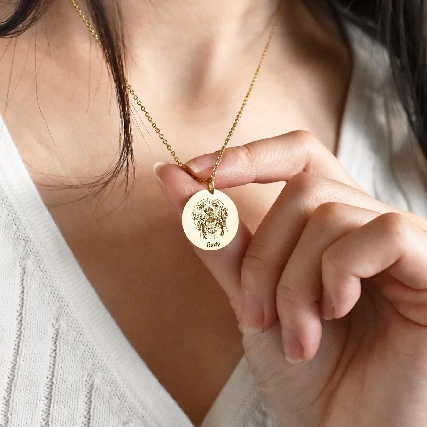 Pet Portrait & Name Necklace - Customized Photo Engraved Memorial Necklace for Cat Dog Animal Lover, Dog Mom - Birthday Gift