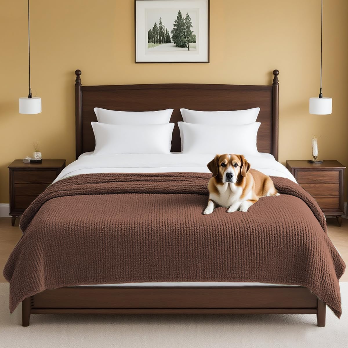 H.VERSAILTEX Plush Chenille Couch Cover for Dogs Pets Blanket for Bed Anti-Slip Soft and Durable Furniture Protector for Small Medium Large Cats Washable (52" x 82", Caramel)