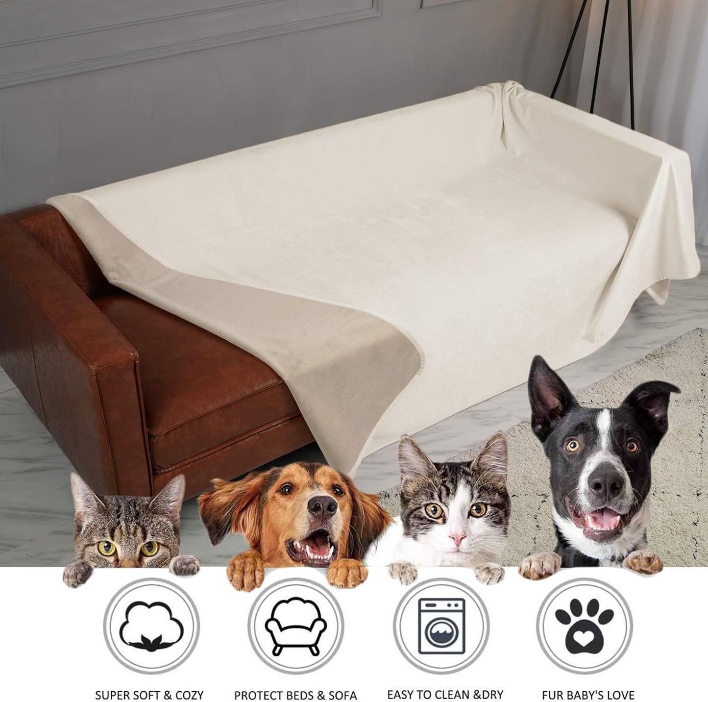 Ameritex Pet Bed Blanket Reversible 100% Waterproof Velvet Super Soft for Sofa and Bed (82x102 Inches, Cream+Beige)