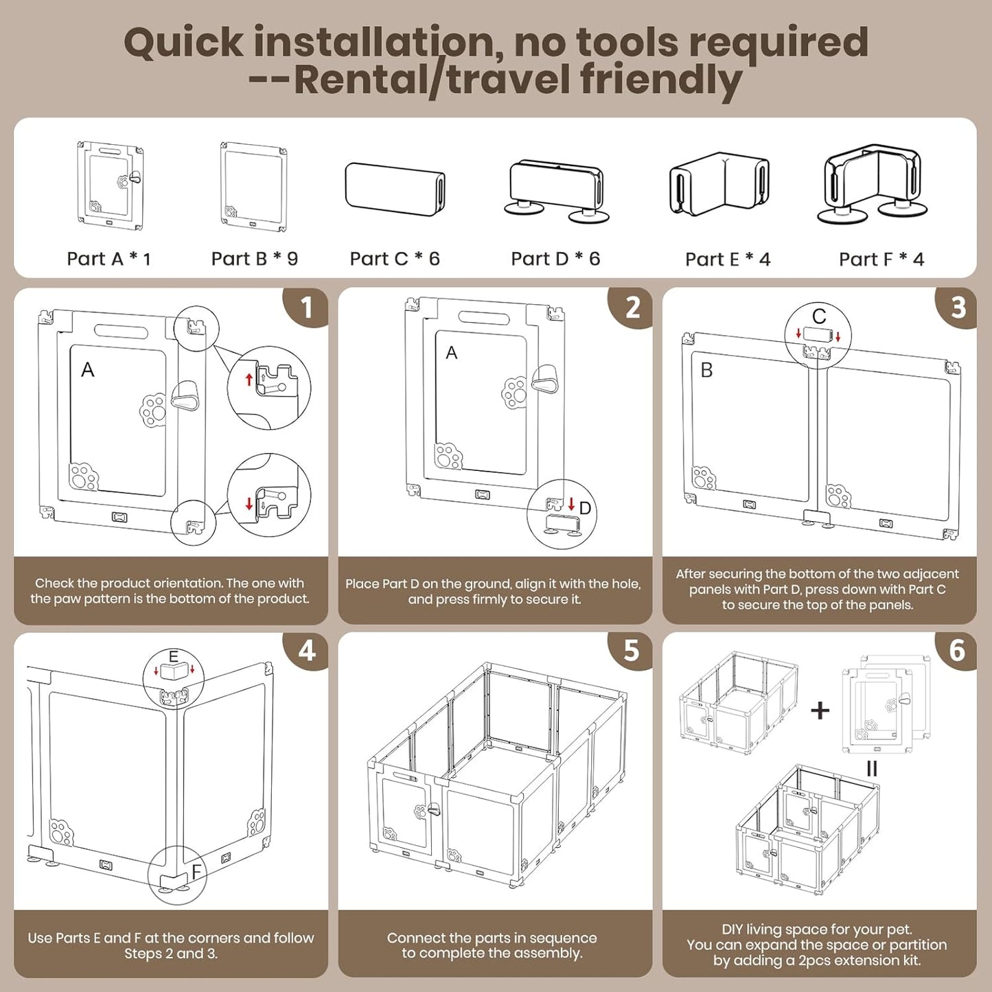 Expandable 10PCS Dog Playpen for Indoors, Modular Puppy Play Pen with Lockable Door, Chew-Proof Transparent Panels & Waterproof Base. Perfect for Small Animals, Puppy Training or Multi-Pet Homes
