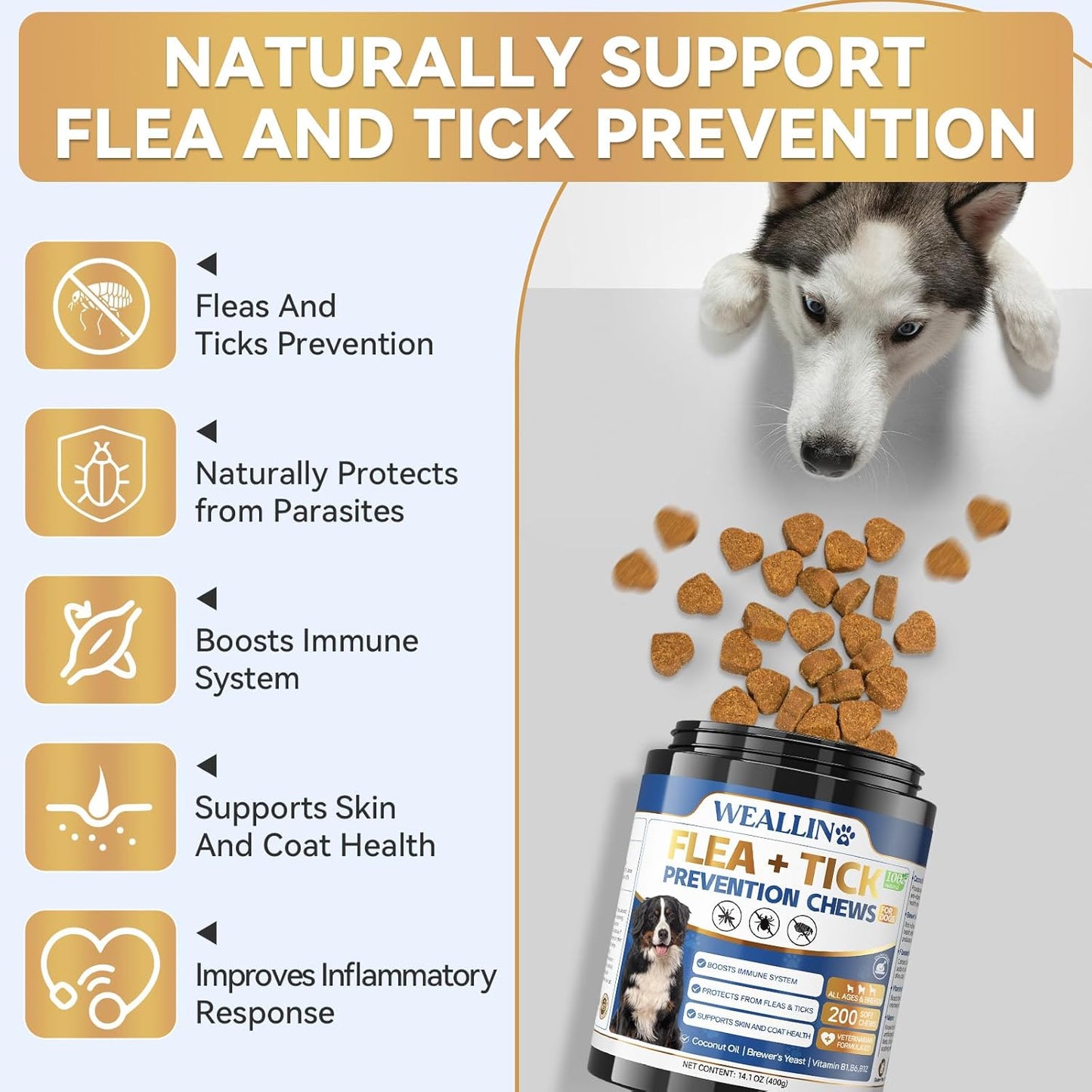 Flea and Tick Prevention for Dogs, 200 Soft Chews for Dog Fleas Ticks Treatment, Natural Dogs Oral Flea Chewables Support Supplement, Flea and Tick Chews for All Breeds & Sizes