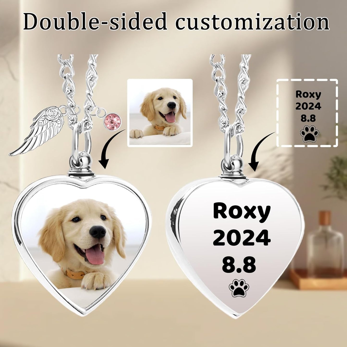 Personalized Pet Ashes Necklace for Dog Cat Custom Engraving Photo Text Urn Keepsake Pendant Necklace Customize Cremation Jewelry with Angel Wing Birthstone for Dog Lover (06)