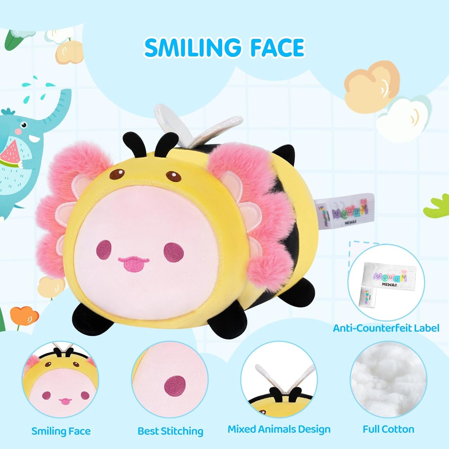 Cute Axolotl Bee Plush Pillow, Kawaii Plushies Axolotl Stuffed Toy, Axolotl Plushies with Bee Outfit Costume, Soft Squishy Birthday Gifts for Kids & Teens (8 Inch)