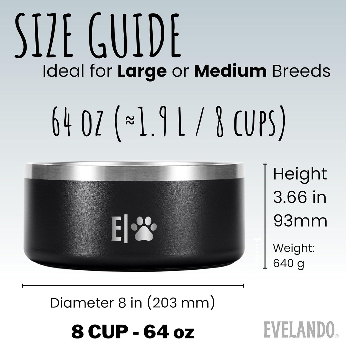 EVELANDO® Premium Dog Food Bowl 64 oz Stainless Steel 8 Cups Medium Large Dog Bowls Non Slip & BPA-Free L X XL Pet Water Bowl Platos para Perros Indoor Outdoor Pet Dish Feeder Water and Food Dish