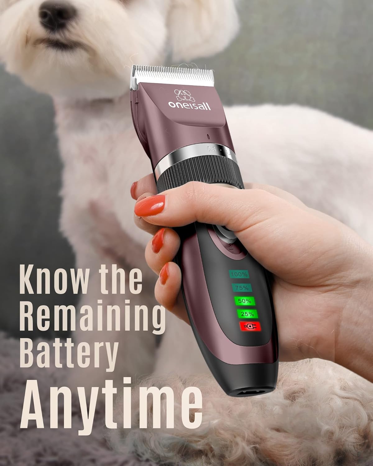Oneisall Low Noise Dog Clippers, 2-Speed Quiet Grooming Kit Rechargeable Cordless Pet Hair Clipper Trimmer Shaver for Small and Large Dogs Cats Animals (Dark Plum)