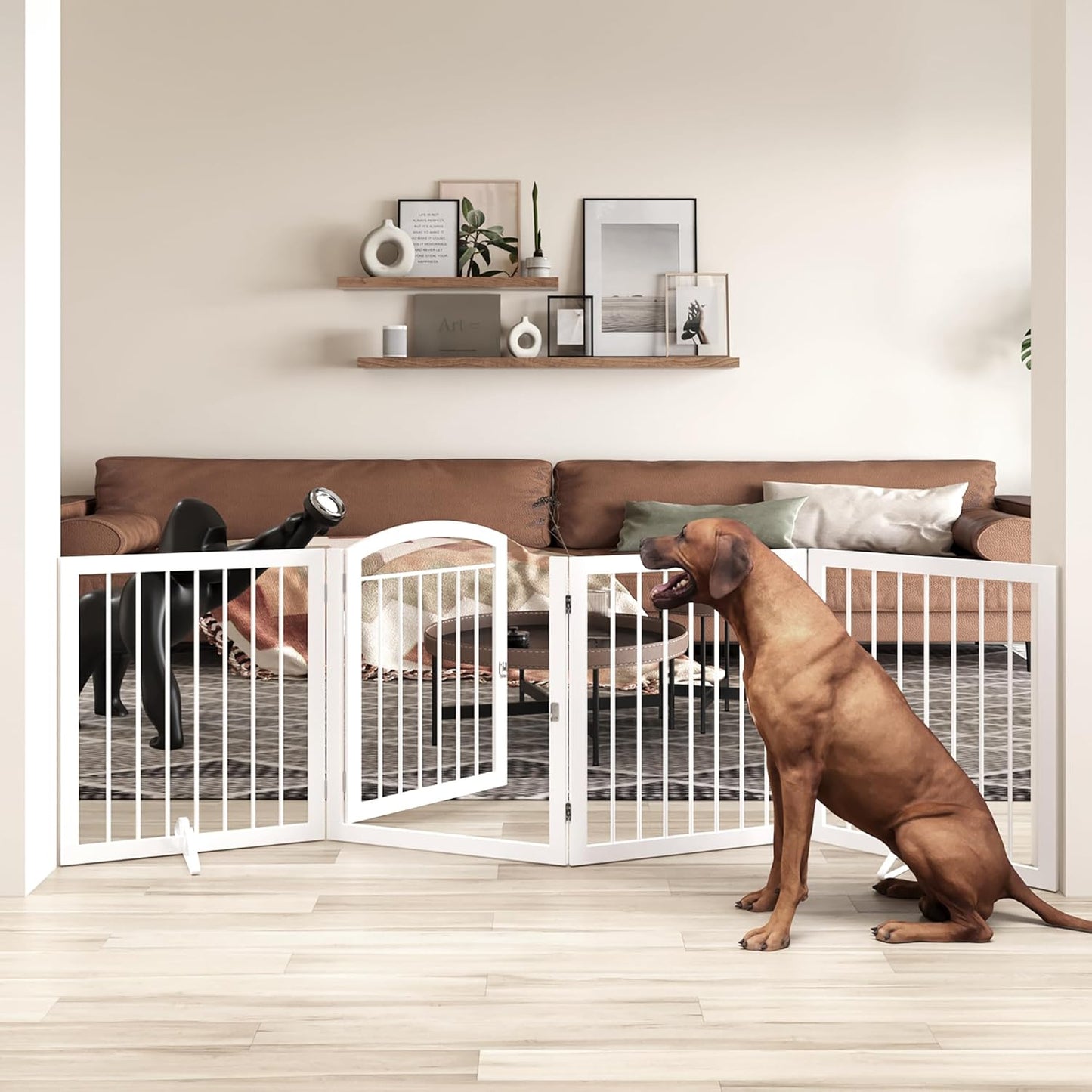 JSB 96-inch Extra Wide 30-inch Tall Dog gate with Door Walk Through, Freestanding Round Tube Pet Gate for Halls Stairs, Puppy Safety Dog Fence with 2PCS Support Feet (White)
