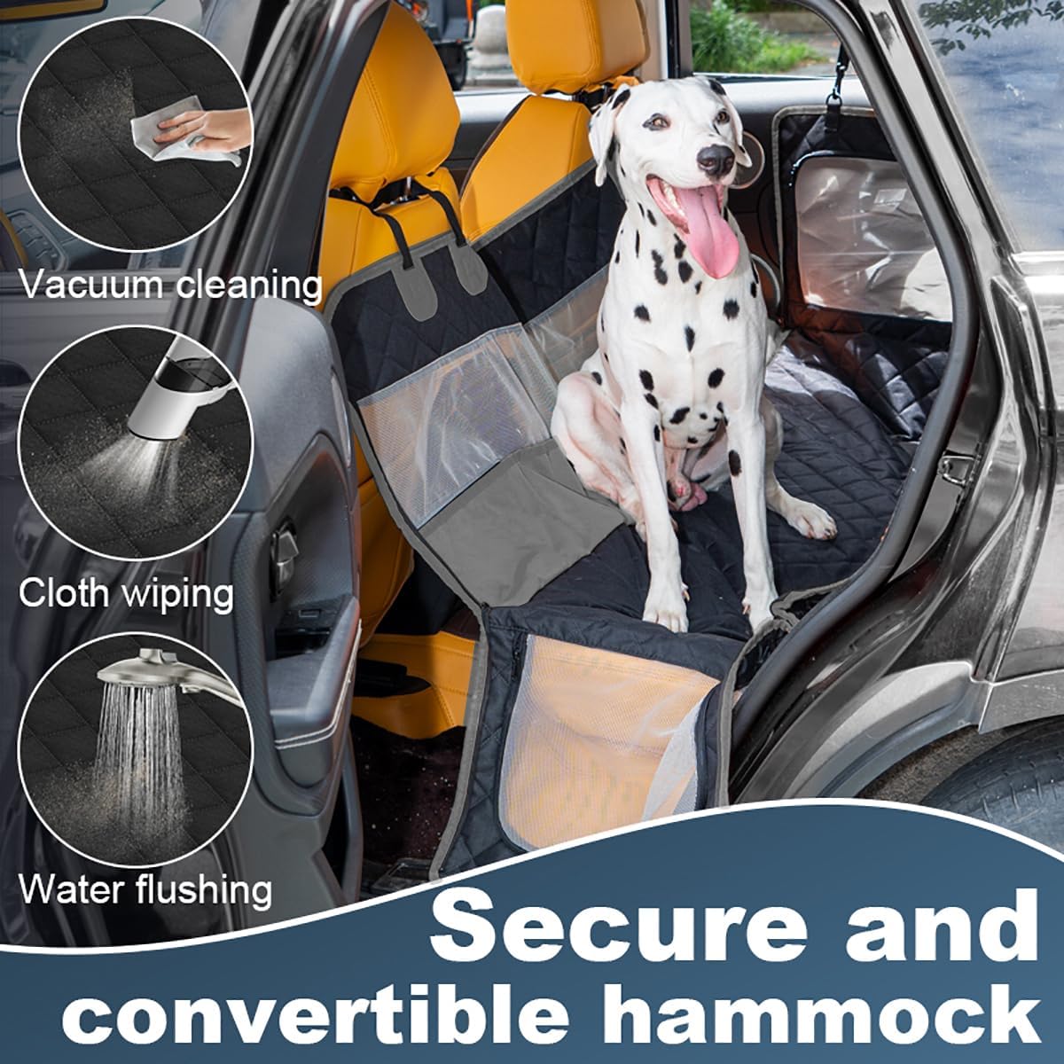 Dog Car Seat Cover, 4-Layer Waterproof Back Seat Protector with Mesh Windows,3 Accessories Pockets Nonslip Pet Hammock Style for Cars Trucks SUVs, Include 1 Dog Safety Belt (Black-Grey)