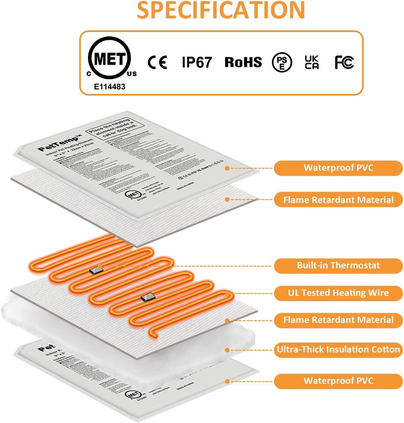 Pet Bed Warmer, Compact Heating Pad Insert for Cat Dog Beds, Turn Any Pet Beds Into a Heated Pet Bed, Waterproof Heated Bed Mat with Chew-Resistant Cord, Safe and Warm (M:9'' x 9'')