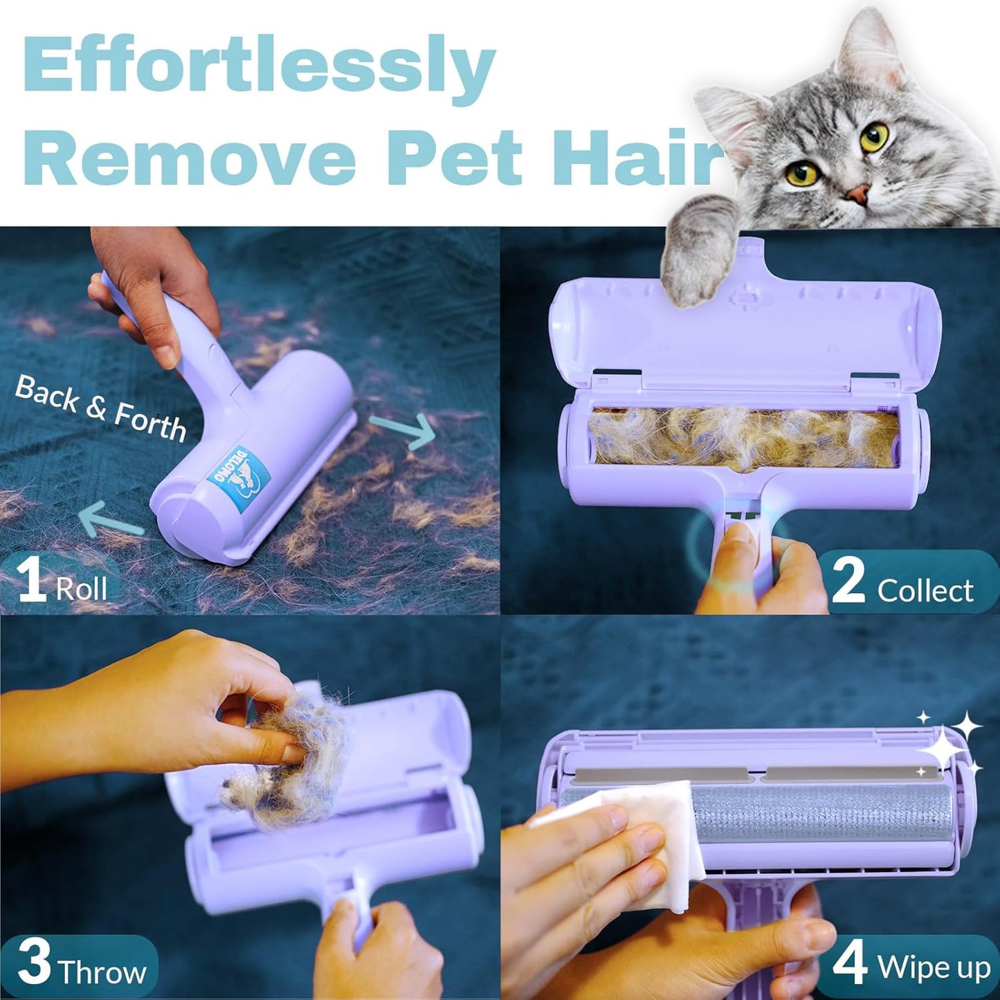DELOMO Pet Hair Removal Tool, Pet Hair Remover - Lint Roller for Pet Hair - Cat and Dog Hair Remover for Couch, Furniture, Carpet, Car Seat, Reusable Lint Roller with Fur Bin, Pet Owner Essential