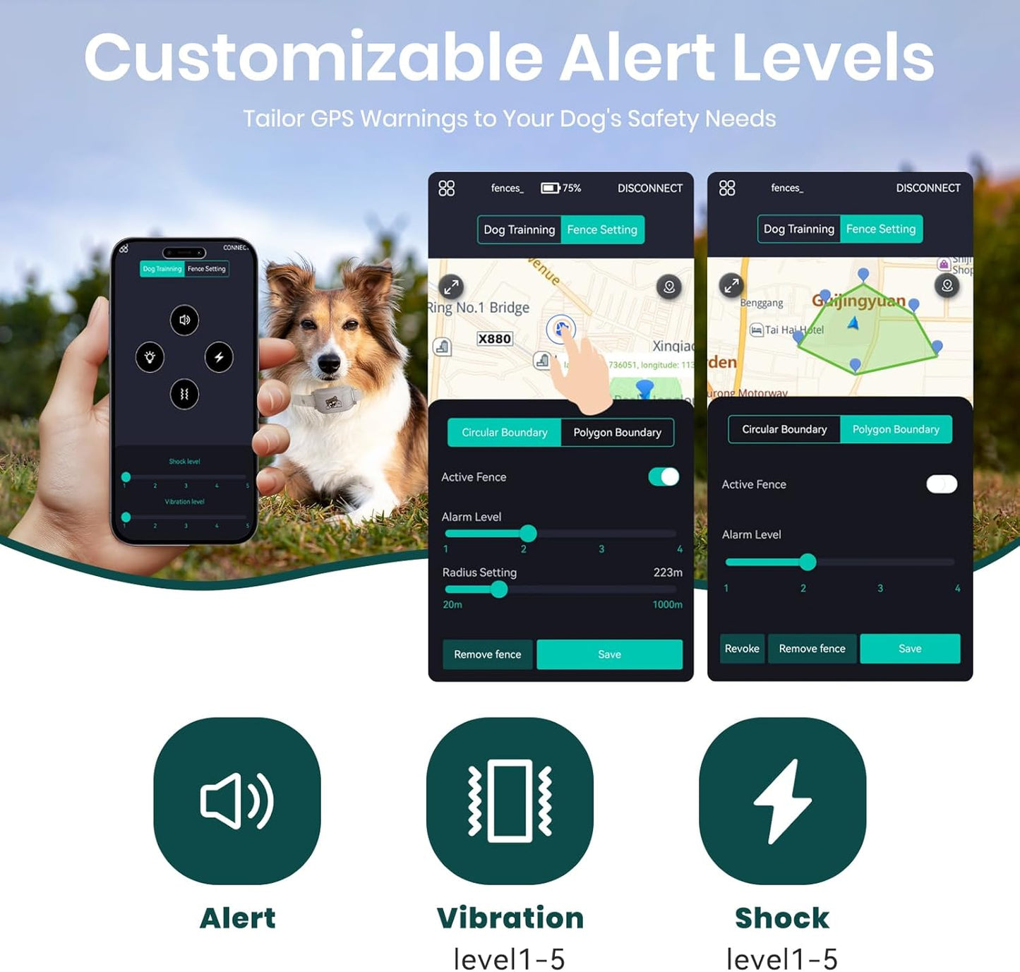 GPS Dog Collar with Wireless Electronic Boundary & Training – No Subscription Needed,Smart Waterproof trainable Fence, App-Controlled Safe Zone, Outdoor Fence for Pets System