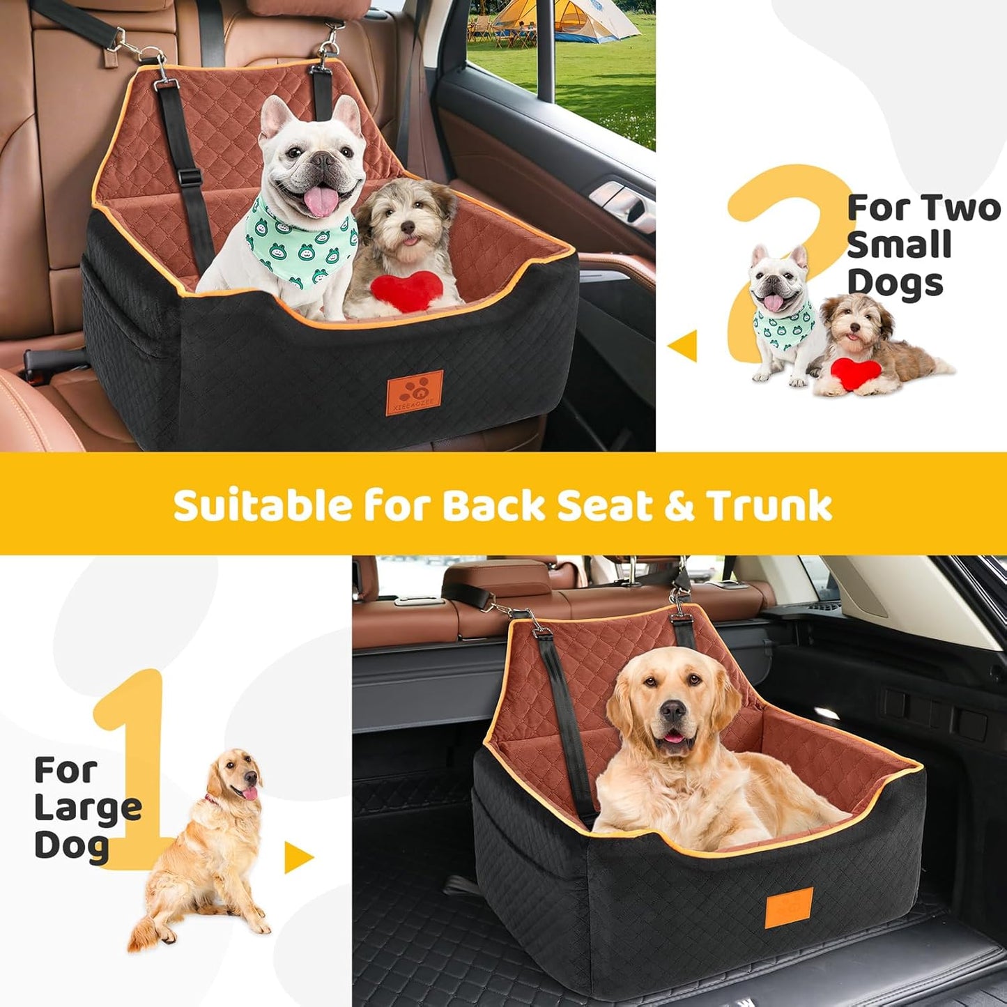 Dog Car Seat for Large/Medium Dog, Booster Seat for Dogs Under 55Lbs or 2 Small, Detachable and Washable Travel Pet Seat with Thick Cushion and Storage Pockets (Black/Brown)