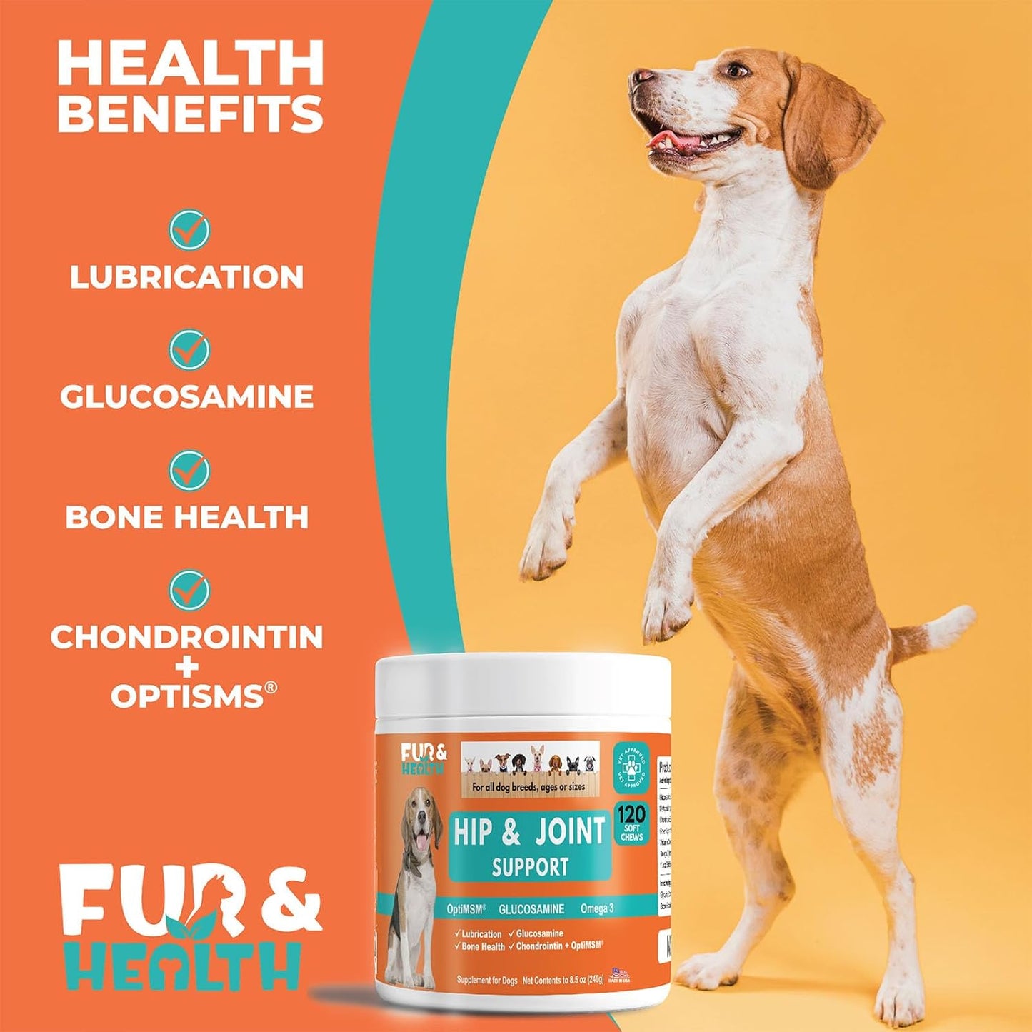Glucosamine Chondroitin Hip & Joint Supplement for Dogs - Natural Pain Relief & Mobility Support Soft Chews - Vet-Recommended Formula for Senior, Small & Large Breeds - Made in USA by Fur & Health