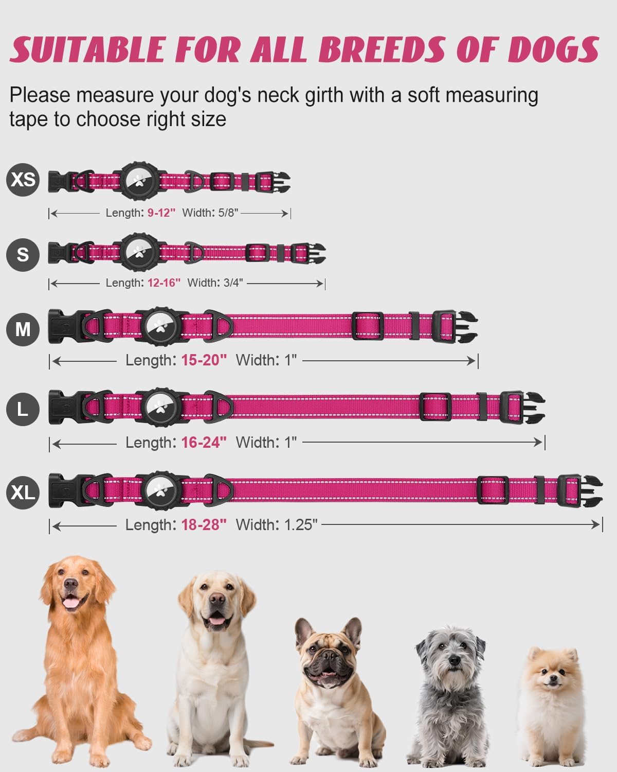 Joytale Airtag Dog Collar, Reflective Pet Collar with Waterproof AirTag Holder, Dual D-Rings, Soft Padded Adjustable for Medium Dogs, Hotpink, M