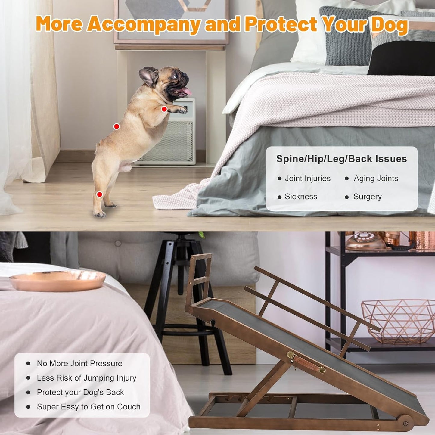 Dog Ramp for Bed, Dogs Bed Ramps for Large Dogs, Pet Ramp for Doggie to Get on Beds, 5-Position Pet Ramps for Large/Medium Dog for Couch/Car, Adjustable from 17" to 32" Height