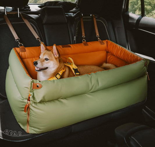 FUNNYFUZZY Dog Car Seat for Small Dogs, Waterproof Dog Car Bed with Storage Pocket, Safety Clip-On Dogs Leash, Detachable Portable Pet Carseat (Green, 37.4 * 16.5 * 17.7 inches)