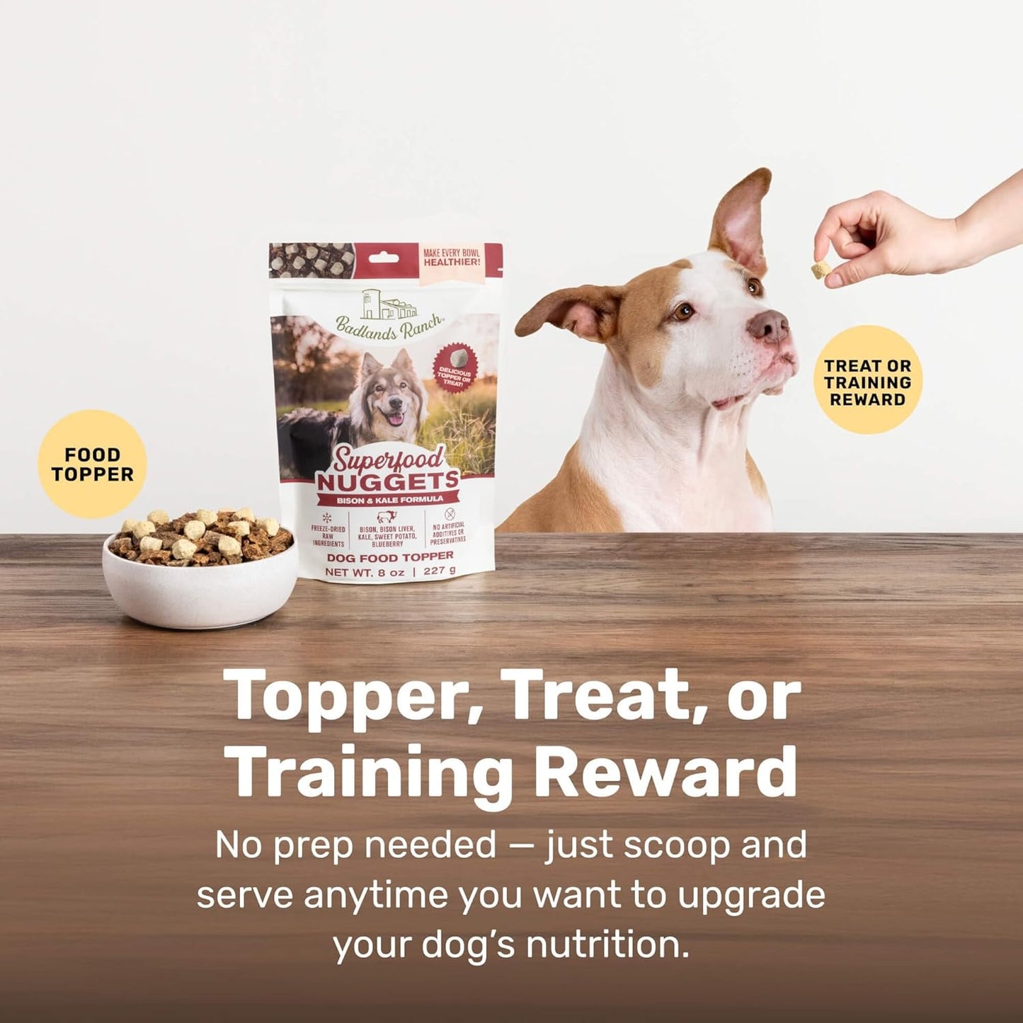 BADLANDS RANCH Superfood Nuggets- Premium, Freeze-Dried raw Dog Food Topper or Treat. Powerful Nutrient-Dense Ingredients. No Artificial additives. Bison and Kale Formula 8oz - 4pk Bundle