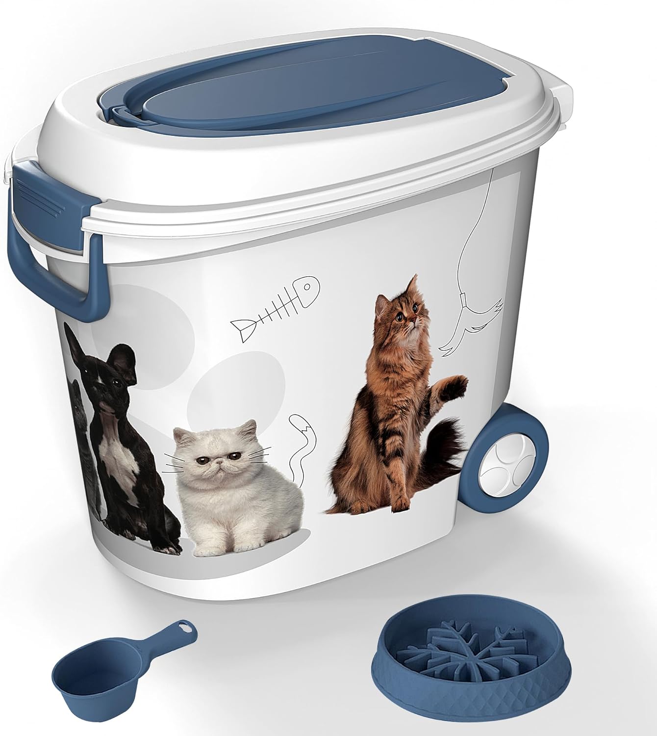 Pet Food Storage Container with Wheels Resin 40LB Capacity Dog Food Container with Slow Feeder Bowl and Scoop Easy to Move to Keep Food Fresh for Dogs, Cats, Birds