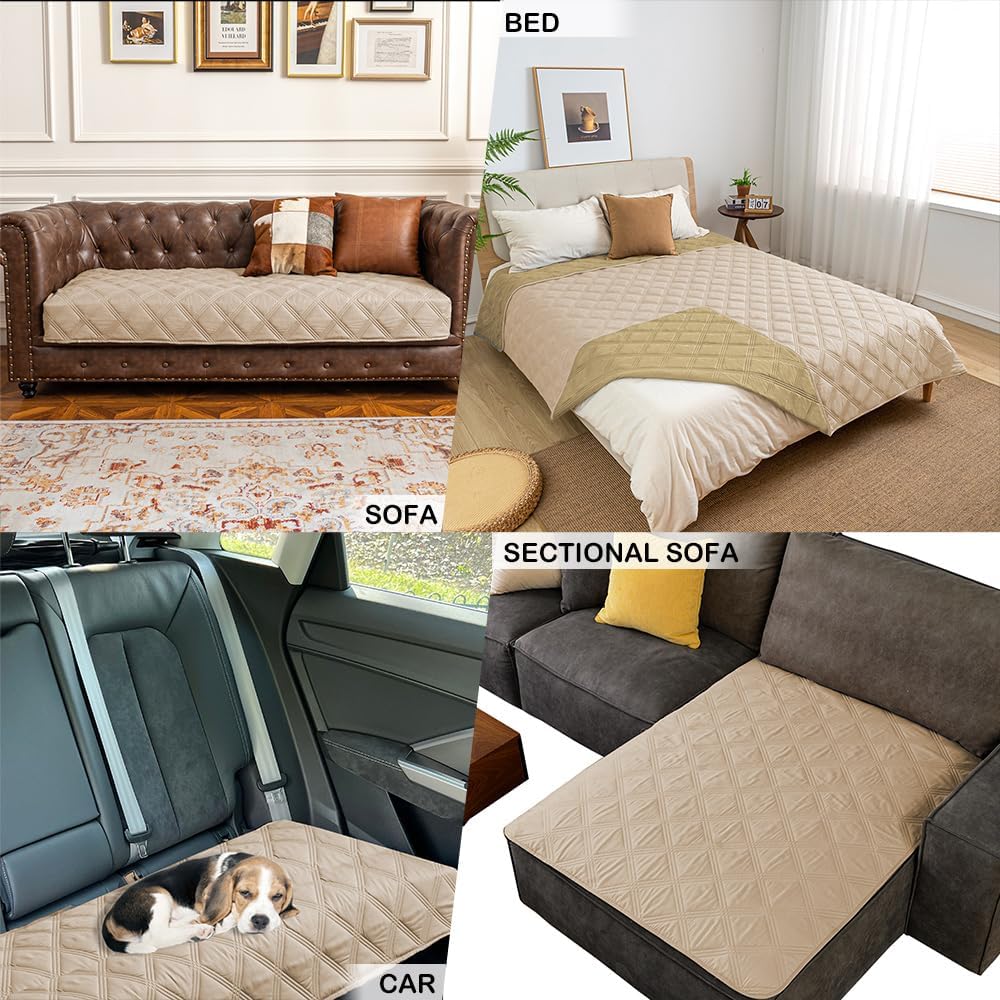 fuguitex Waterproof Dog Blanket Reversible for Small Dogs Resistant Leakproof Washable Couch Cushion Bed Protector Cover for Indoor Furniture Pet Friendly（82"*82",Beige+Taupe