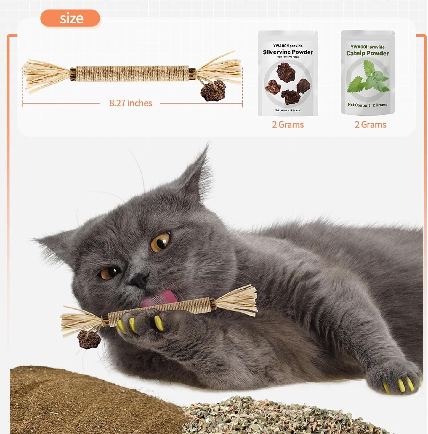 Cat Toys, 6 Silvervine Chew Sticks & 1PCS Organic Catnip & 1PCS Silvervine Powder, Cat Dental Toys for Kitten Teeth Cleaning, Matatabi Cat Toy