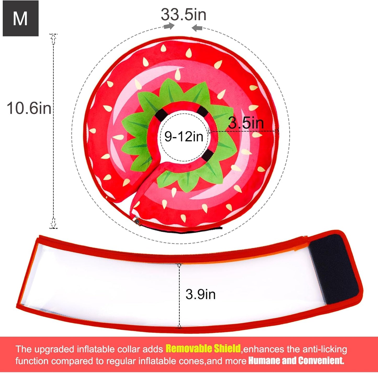 Inflatable Dog Cone Collar for Large Medium Small Dogs, Soft Dog Donut Collar Adjustable Recovery Cone for Pets After Surgery, Extra Enhanced Anti-Licking Guard Shield for Pets (Medium, Strawberry)
