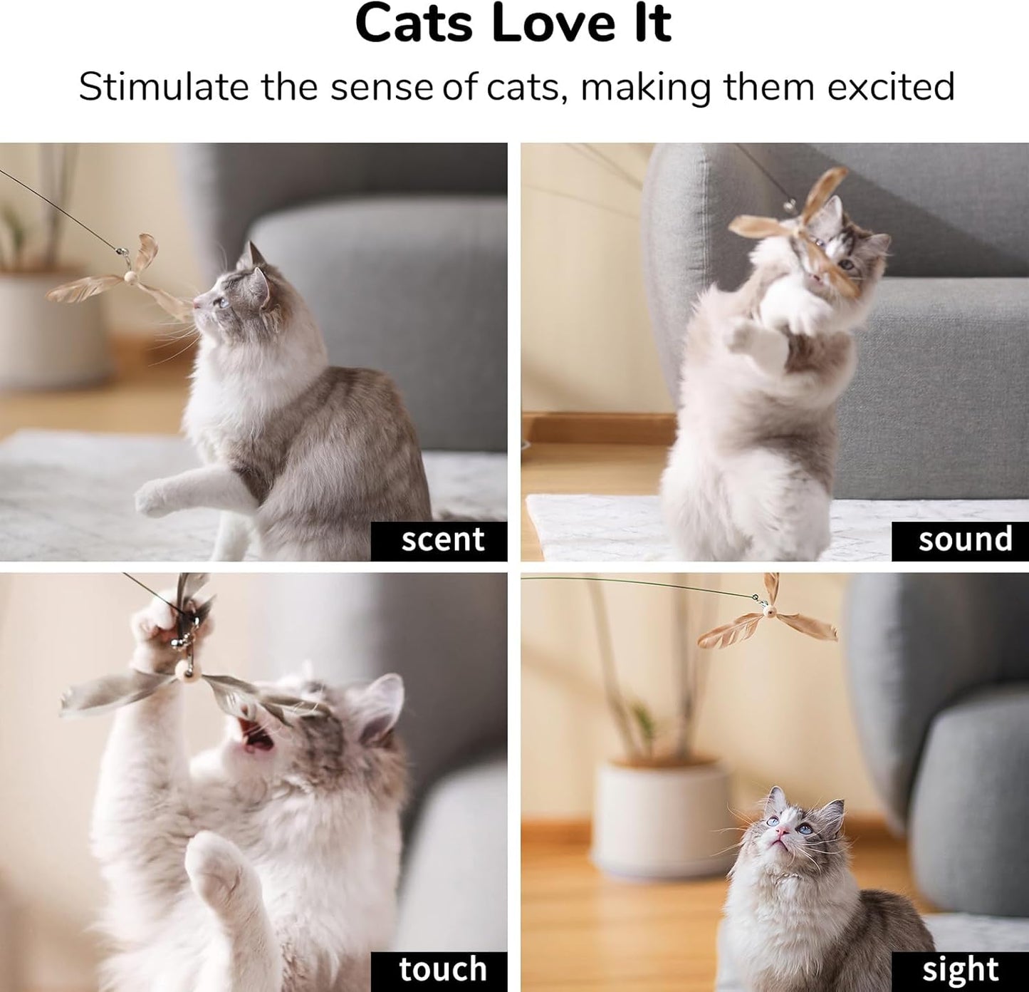 FUKUMARU Cat Wand Toy, 35.5 Inch Cat Feather Propeller Toy with Bell, Steel Wire Cat Toy for Indoor Cats with Natural Feather