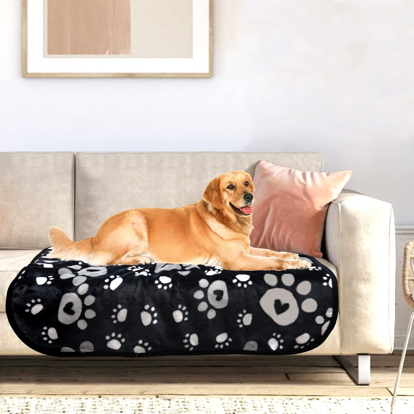 Dog Blanket, Soft Fleece Dog Blankets for Extra Large Dogs, Fluffy Flannel Pet Cat Puppy Blanket Mat Cover for Bed Couch, Cute Paw Print Throw Blanket for Dogs, Black 80"X60"