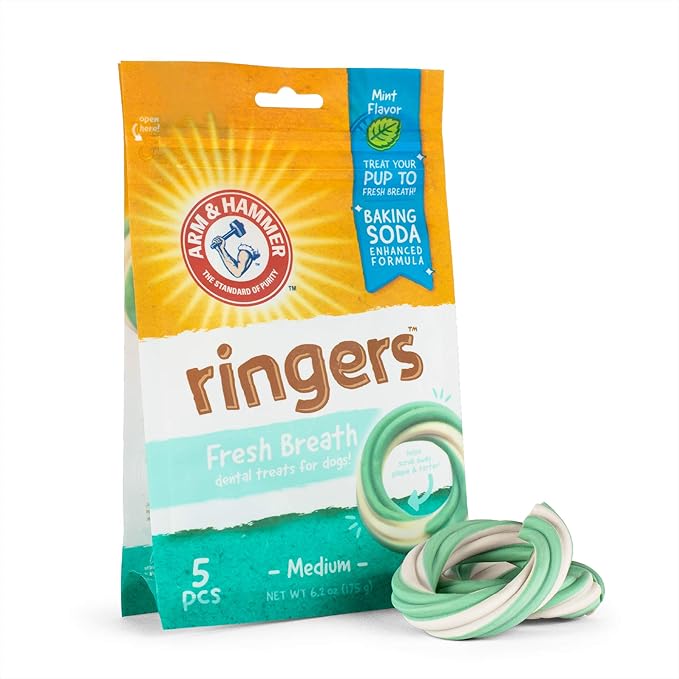 Arm & Hammer for Pets Ringers Dental Treats for Dogs Dental Chews Fight Bad Dog Breath, Plaque & Tartar Without Brushing Fresh Mint Flavor, 4 Pack Dog Chews (Pack of 4, 20 Count Total)