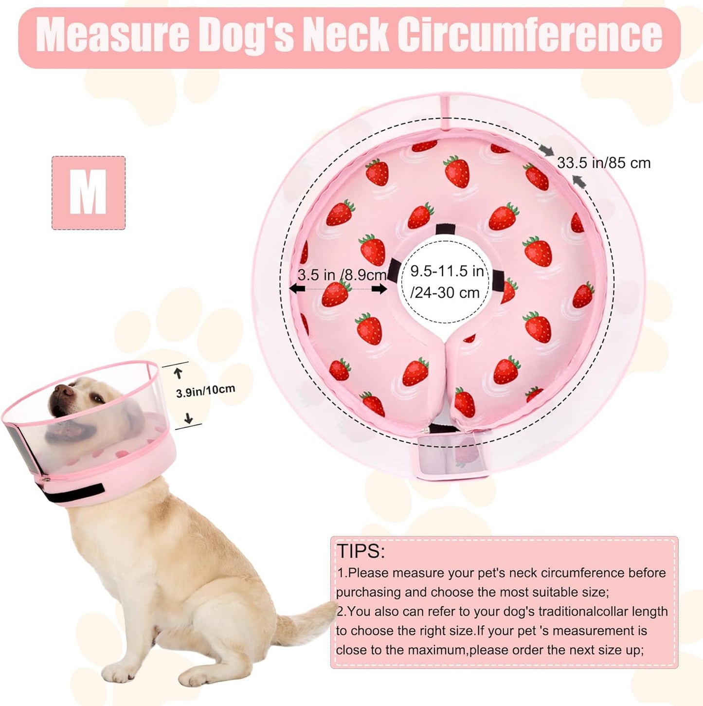 Inflatable Dog Cone Collar for Large Medium Small Dogs, Soft Dog Donut Collar Adjustable Recovery Cone for Pets After Surgery, Extra Enhanced Anti-Licking Guard Shield (Strawberry Print, Medium)