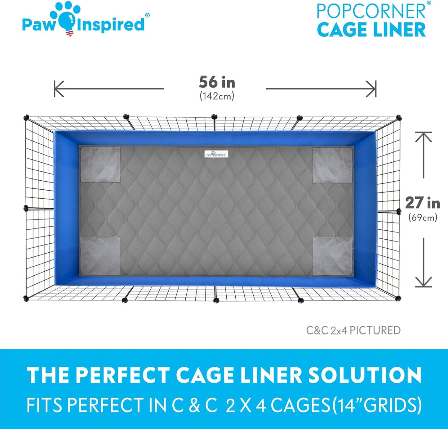Paw Inspired PopCorner Guinea Pig Cage Liners | Washable Fleece Bedding or Pet Bed Mat for Small Animals | Super Absorbent Pee Pad with Reinforced Corners and Waterproof Bottom (C&C 2x4, Gray)