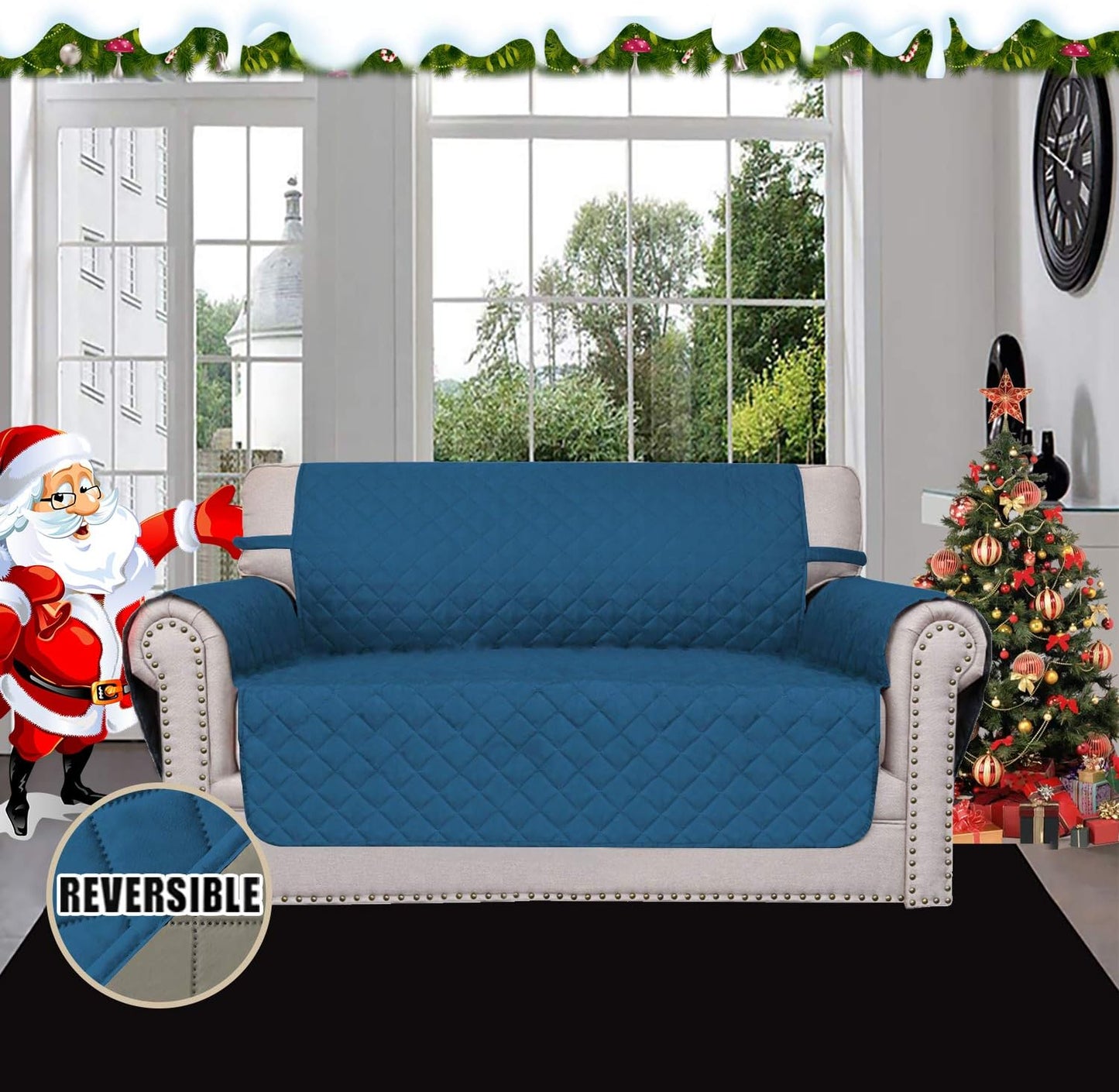 Easy-Going Reversible Loveseat Couch Cover for 2 Cushion Couch Sofa Cover for Dogs Water Resistant Furniture Protector with Foam Sticks Elastic Straps for Pet (Loveseat, PeacockBlue/Beige)