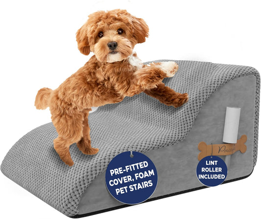 PAWZY Foam Pet Stairs for Small Dogs & Cats – 2-Step Dog Ramp 12” High, Wide Non-Slip Steps for Bed & Couch – Washable Pre-Fitted Cover (no Assembly Required), Waterproof Base – Grey