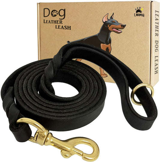 LWBMG Leather Dog Leash - 6ft x 3/4 inch Heavy Duty, Braided, Comfortable for Large, Medium & Small Dogs - Black
