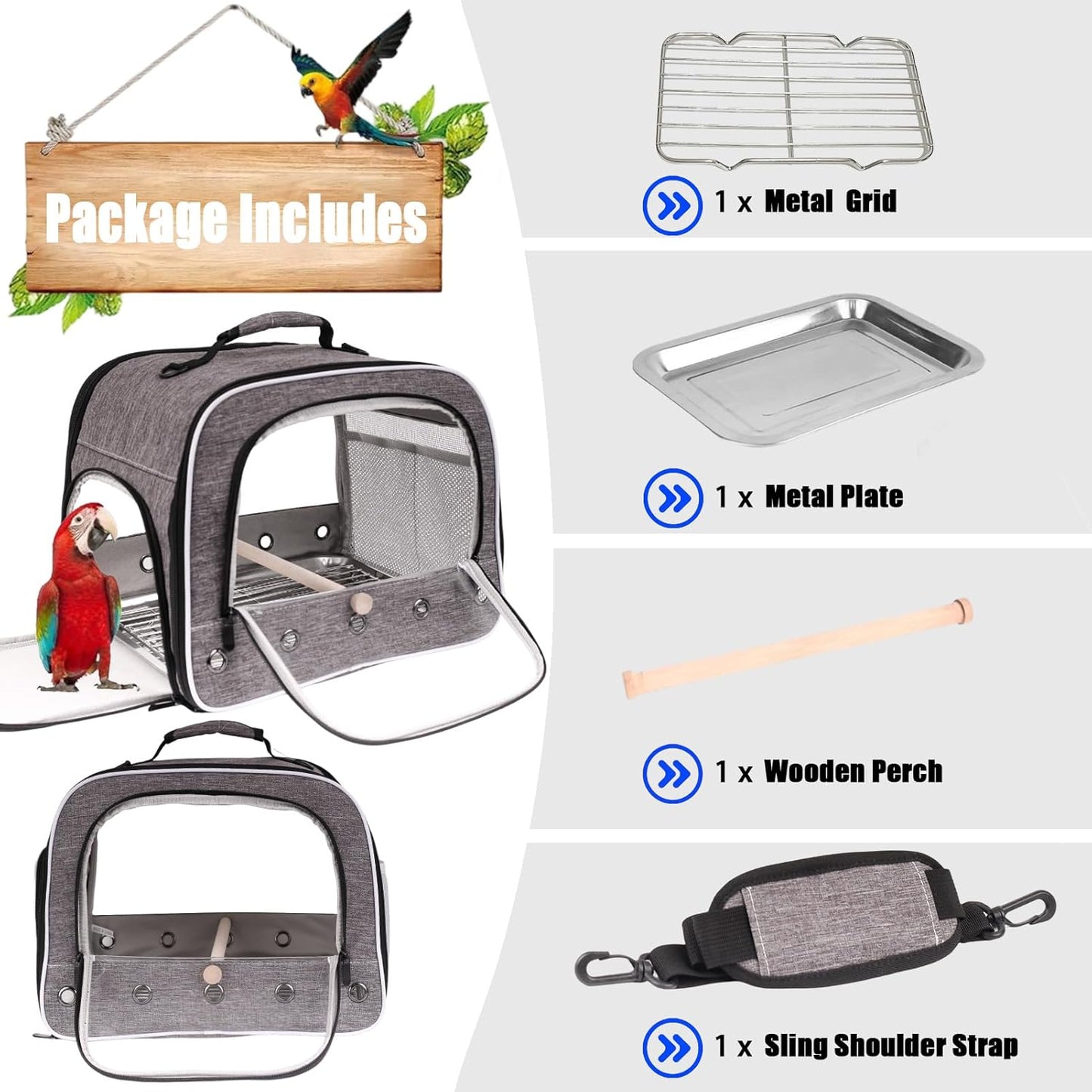 Bird Carry Carrier to Transport Large Size Parrot, Portable Bag with Metal Tray and Grid for Medium and Large Birds Like African Grey, Long Tail Cockatiel and Parrot