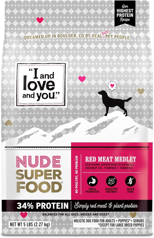 I and love and you Nude Super Food Dry Dog Food - Red Meat Medley - Prebiotic + Probiotic, Grain Free, Real Meat, No Fillers, 5lb Bag