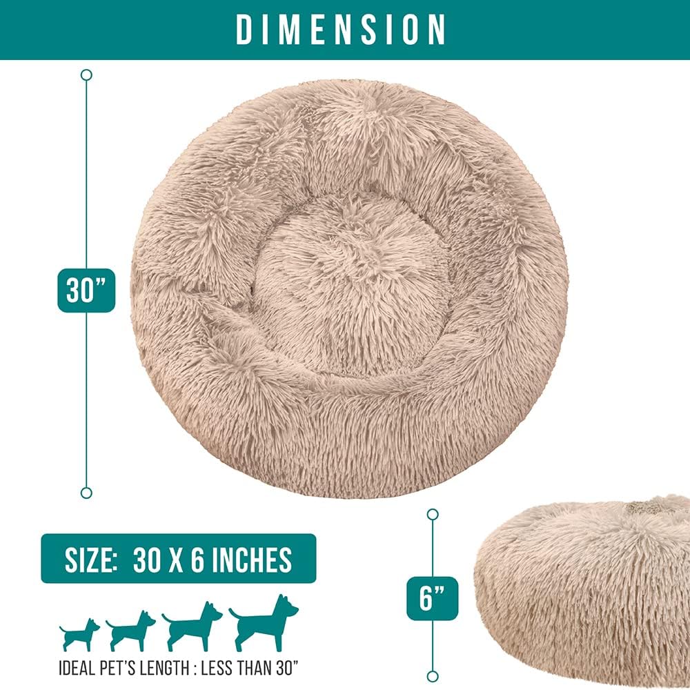 PetAmi Calming Dog Bed for Small Medium Dog Cat, Round Donut Dog Bed Washable, Fluffy Faux Fur Plush Cuddler Pet Kitten Cushion Bed, Anti-Slip, Fits up to 45 lbs, 30 inch, Taupe