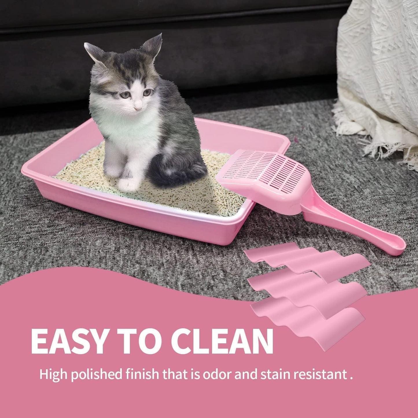 PAWISE Small Cat Litter Box Kit for Kittens – 5‑Piece Kit with Low Entry Litter Pan, Scooper, Feeding Bowls & Mouse Toy – Cat Starter Set for New Kitty Home, Pink