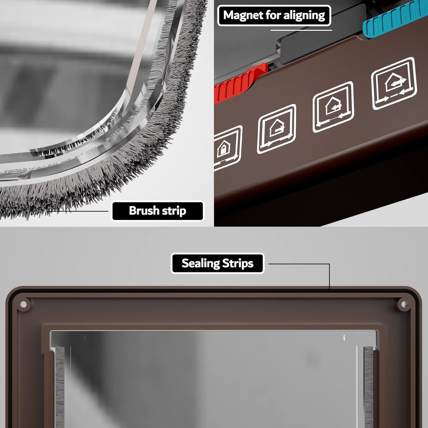 Medium Cat Door Interior Door Pet Door for Cat Exterior Door 4 Modes Locking Suitable for Window and Wall (Brown)