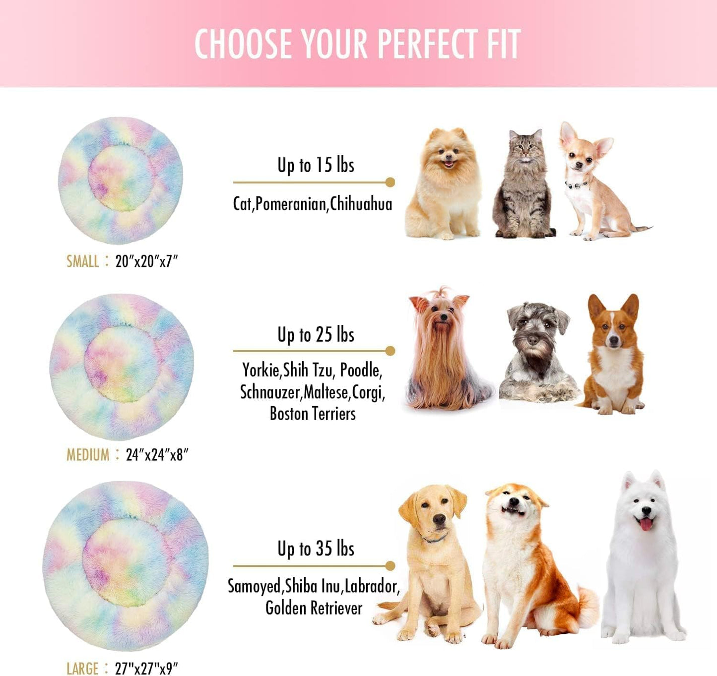 Cat Bed for Indoor Cats and Small Medium Dogs - Washable 20/24 Inches, Anti-Anxiety Round Fluffy Plush Faux Fur, Thick Bottom (Rainbow, Medium)