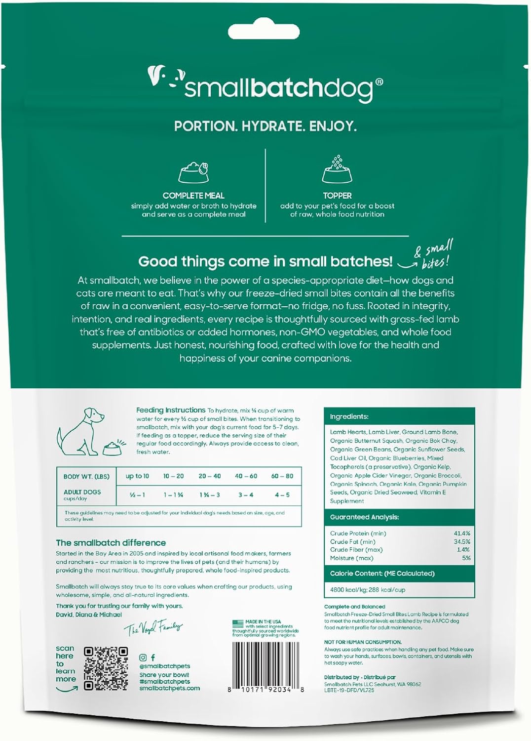 smallbatch Freeze Dried Dog Food – Lamb Recipe, Grain Free, Organic Produce – Grass Fed Lamb Hearts & Organs – High Protein Meal or Topper – Complete & Balanced Nutrition – 19 oz, Made in USA