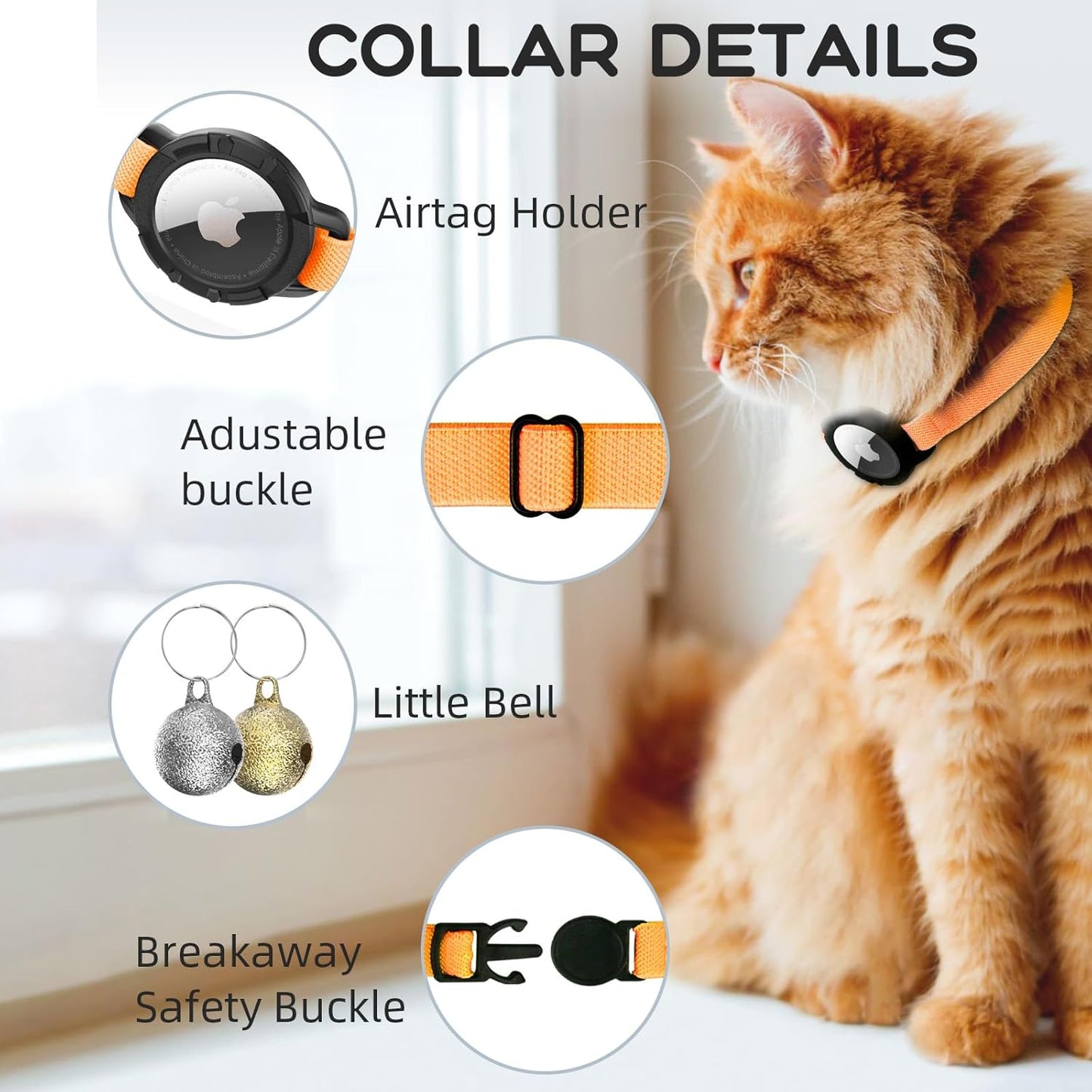AirTag Cat Collars, Stretchy Collar with Apple AirTag Holder and Bell, Breakaway Ultra Design Elastic GPS Tracking Collars for Cats and Puppies, (7.5-12.5 Inch), Orange